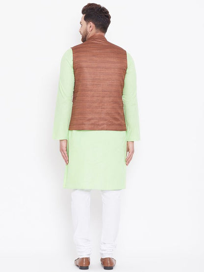 Men's Mint Green Cotton Blend Straight Jacket  Kurta and Pyjama Set