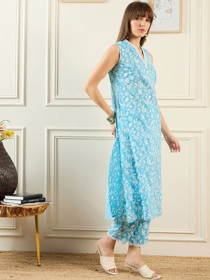 Dhiyona IE Floral Printed V-Neck Pure Cotton Tunic & Trouser