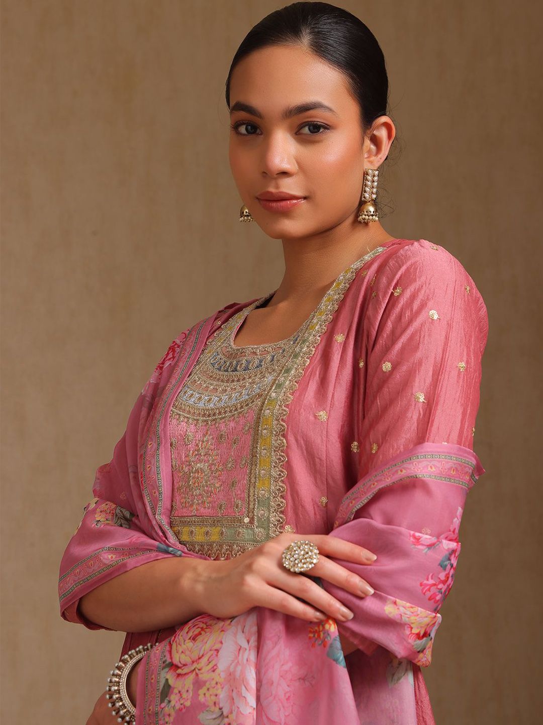 Dhiyona SO Women's Floral Embroidered Round Neck Sequinned A-Line Kurta With Trousers & Dupatta
