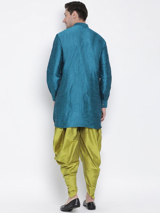 Men's Dark Green Silk Blend Pathani Kurta and Dhoti Set