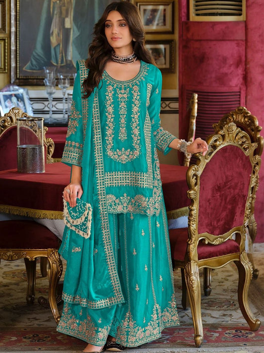 Dhiyona IE Ethnic Motifs Embroidered Round Neck Straight Kurta With Sharara & Dupatta