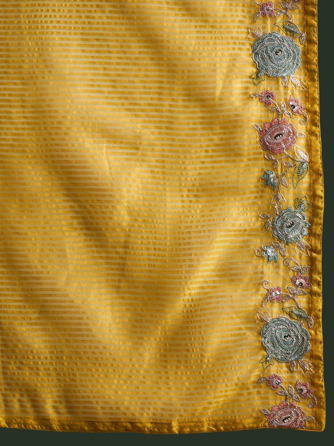 Dhiyona IE Mustard Yellow Floral Embroidered Straight Kurta with Trousers & Dupatta