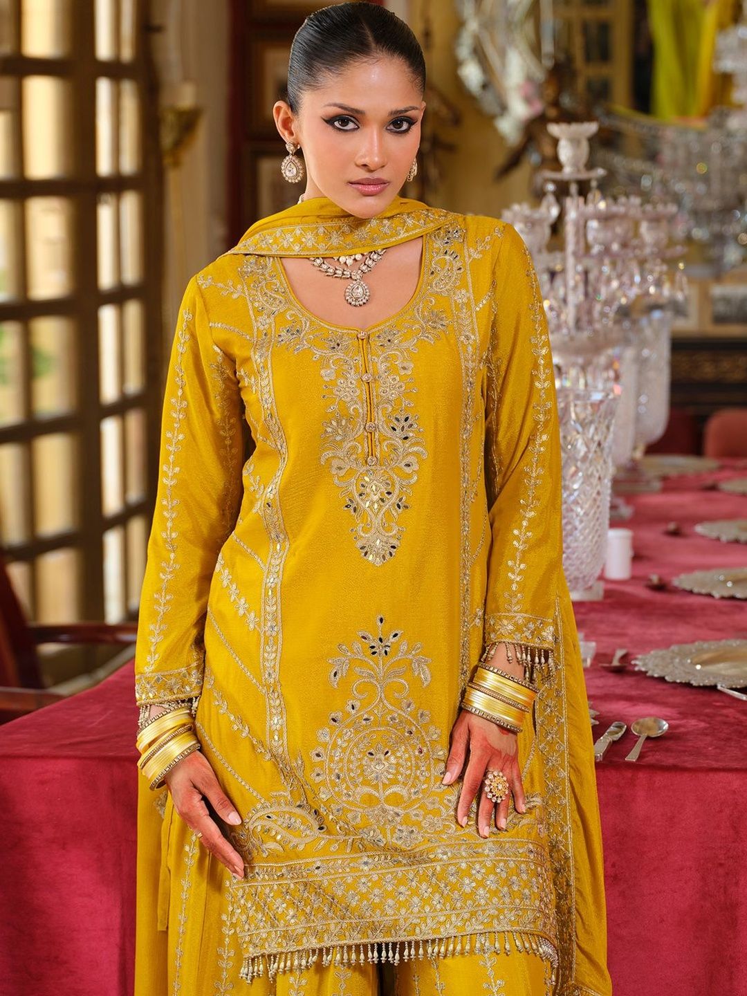 Ethnic Motifs Embroidered Straight Mirror Work Kurta With Palazzos & Dupatta