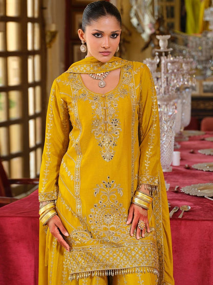 Ethnic Motifs Embroidered Straight Mirror Work Kurta With Palazzos & Dupatta