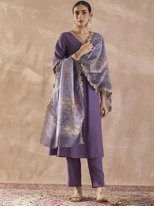 Sequinned A-Line Kurta With Trousers & Dupatta