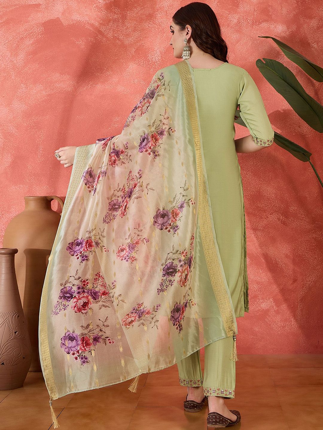 Dhiyona SN Women's Floral Embroidered Notch Neck Sequinned Straight Kurta With Trousers And Dupatta