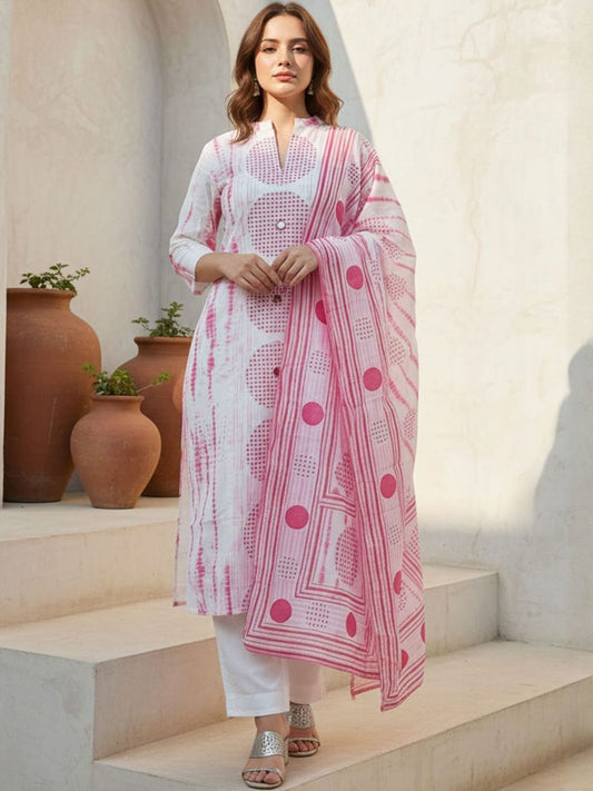Floral Printed Notch Mandarin Collar Cotton Kurta With Trousers & Dupatta