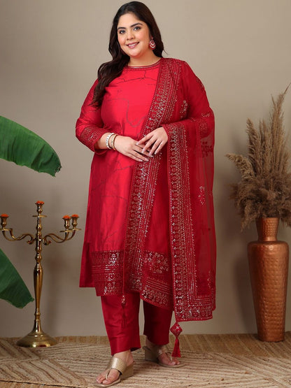Dhiyona IN Women Ethnic Motifs Regular Sequinned Kurta with Trousers & With Dupatta