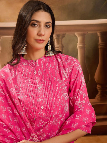 Dhiyona SN Women's Floral Printed Mandarin Collar Pure Cotton Straight Kurta With Trouser And Dupatta
