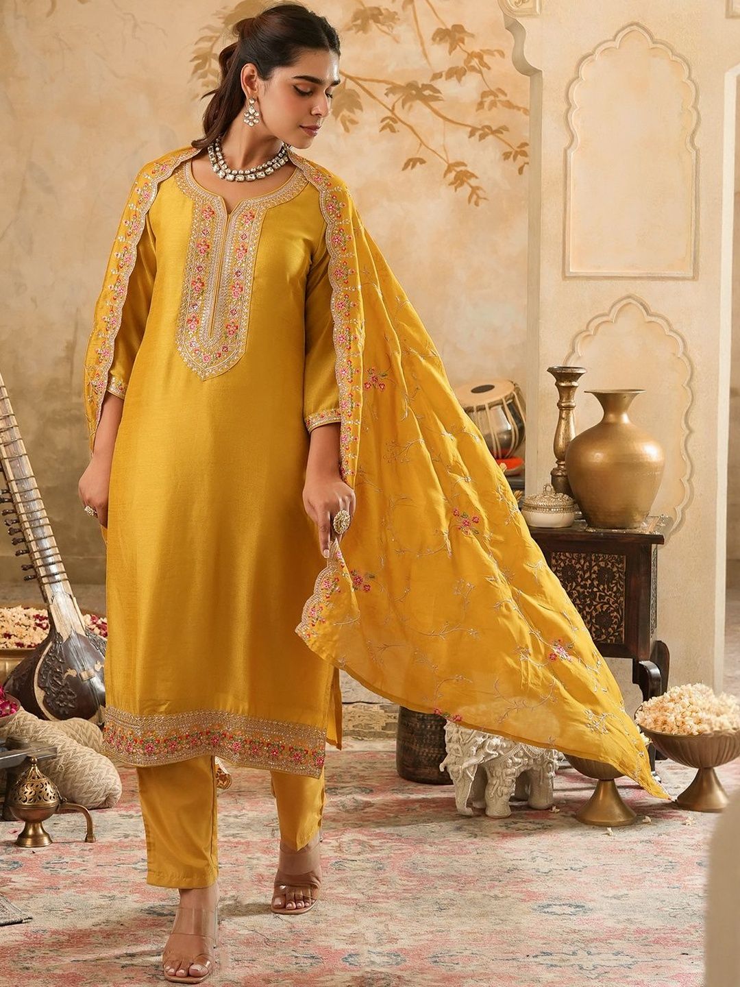 Women Ethnic Motifs Embroidered Regular Thread Work Kurta with Trousers & Dupatta