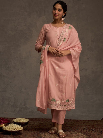 Ethnic Motifs Embroidered Thread Work Pure Cotton Kurta & Trousers With Dupatta