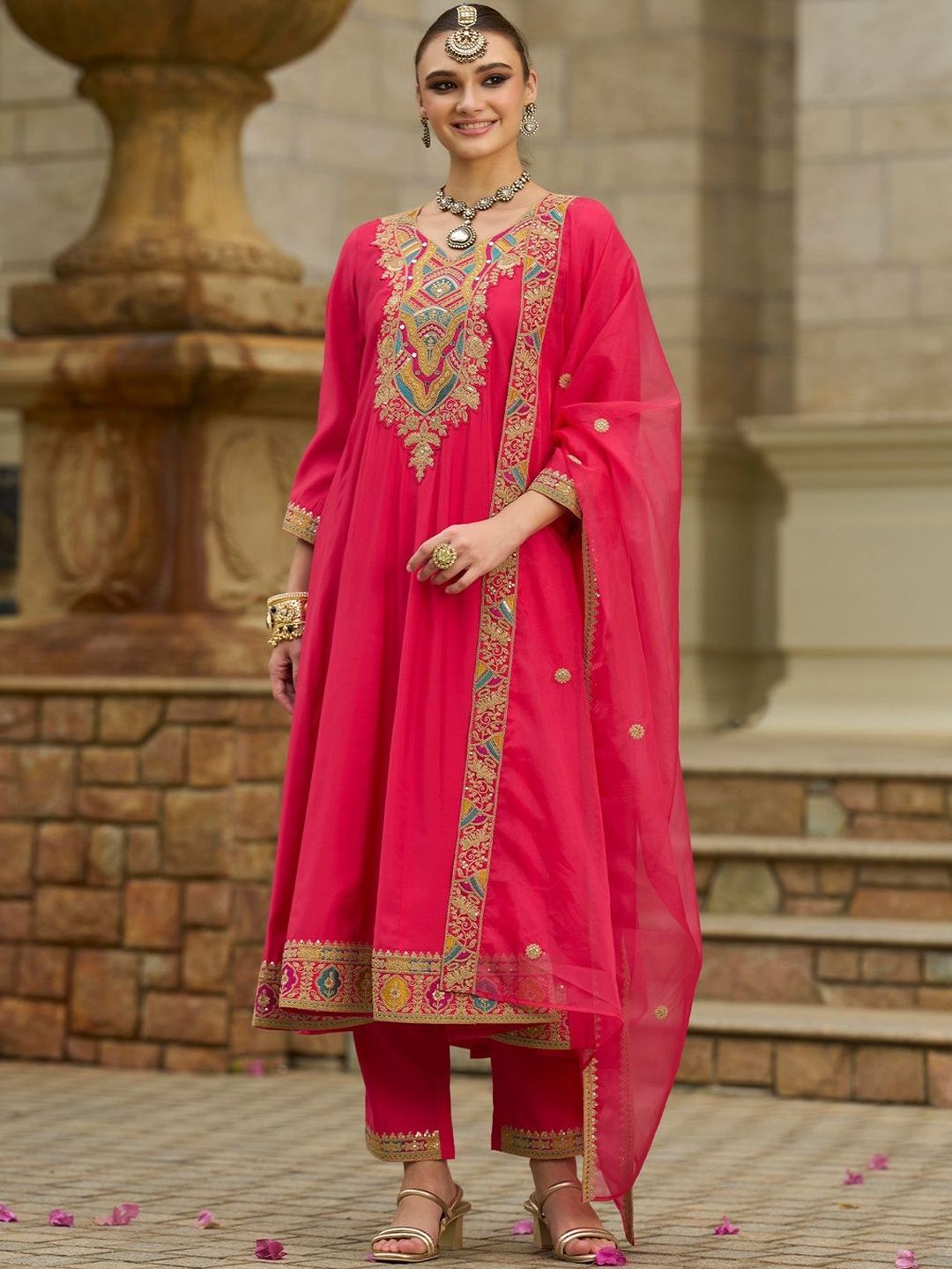 Women Geometric Embroidered A-Line Kurta with Trousers & Dupatta