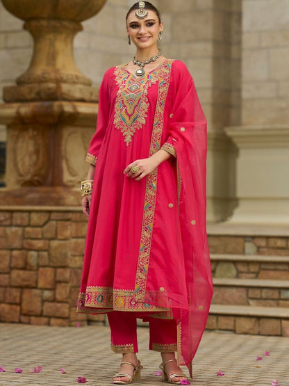 Women Geometric Embroidered A-Line Kurta with Trousers & Dupatta
