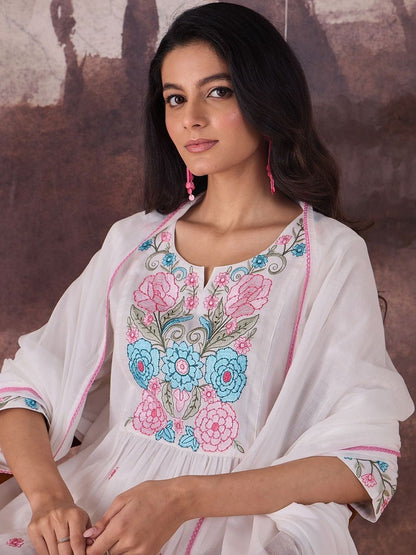 Floral Embroidered Thread Work Pure Cotton A-Line Kurta With Trousers & Dupatta