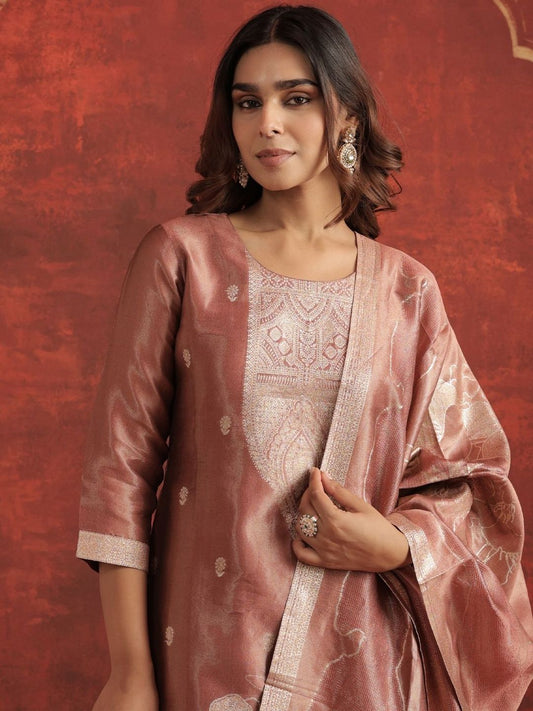 Floral Woven Design Round Neck Straight Kurta With Trousers & Dupatta