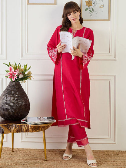 Floral Embroidered Notch Neck Zari Panelled Straight Kurta & Trousers
