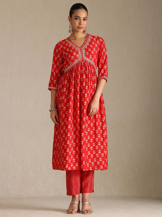 Dhiyona SO Women's Women Ethnic Motifs Printed V-Neck Empire Kurta with Trousers & Dupatta