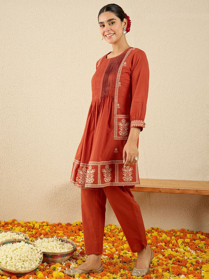 Dhiyona IE Embroidered Round Neck Tunic With Trousers Co-Ords