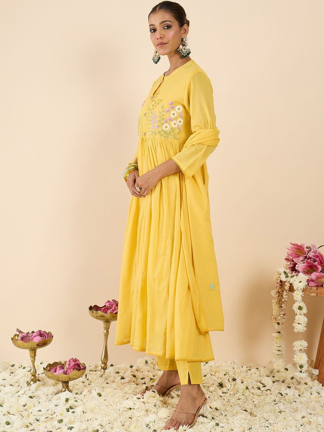 Floral Embroidered Pleated Pure Cotton Straight Kurta With Trousers & Dupatta