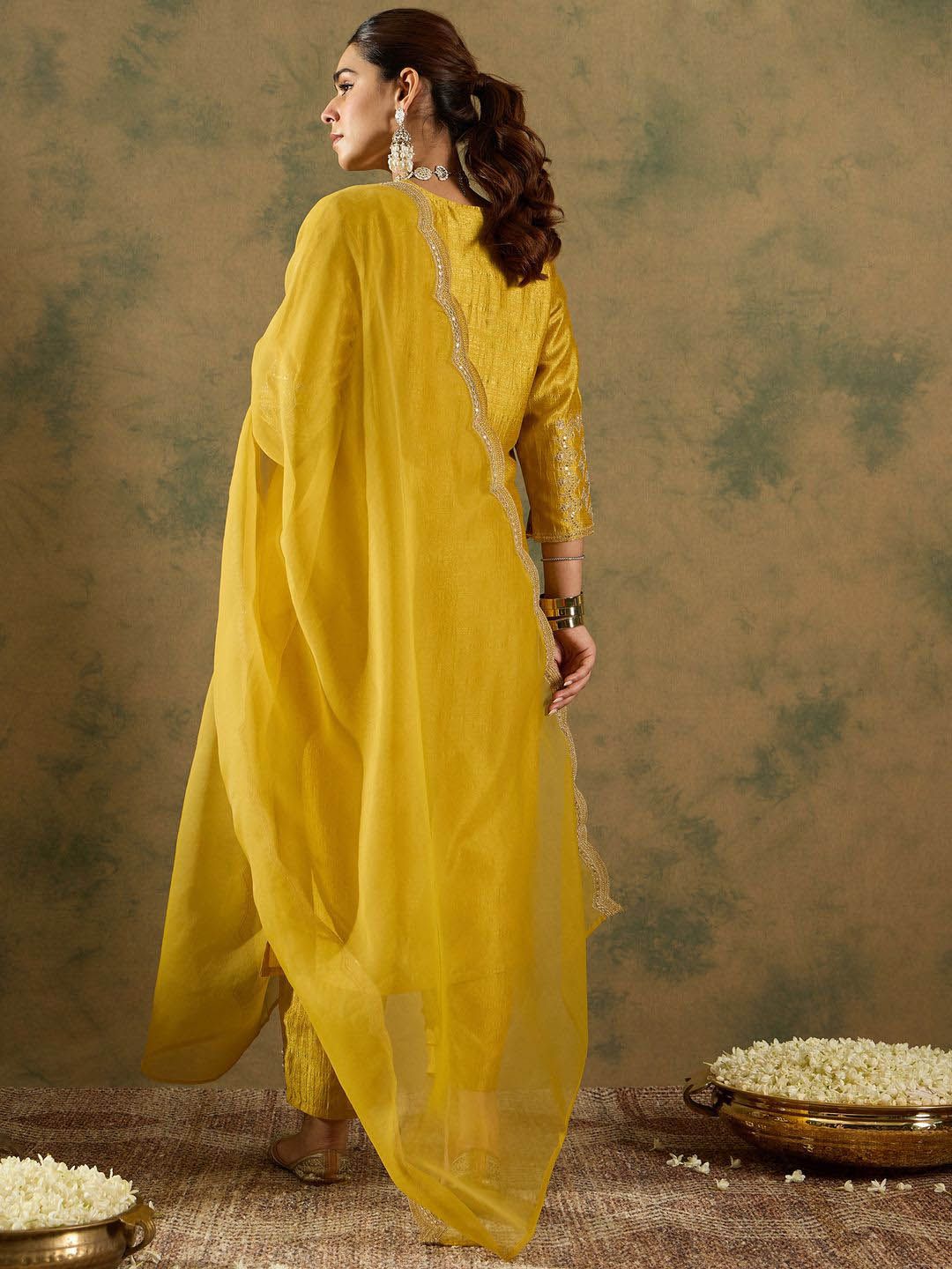 Ethnic Motifs Embroidered Regular Straight Kurta with Trousers & Dupatta