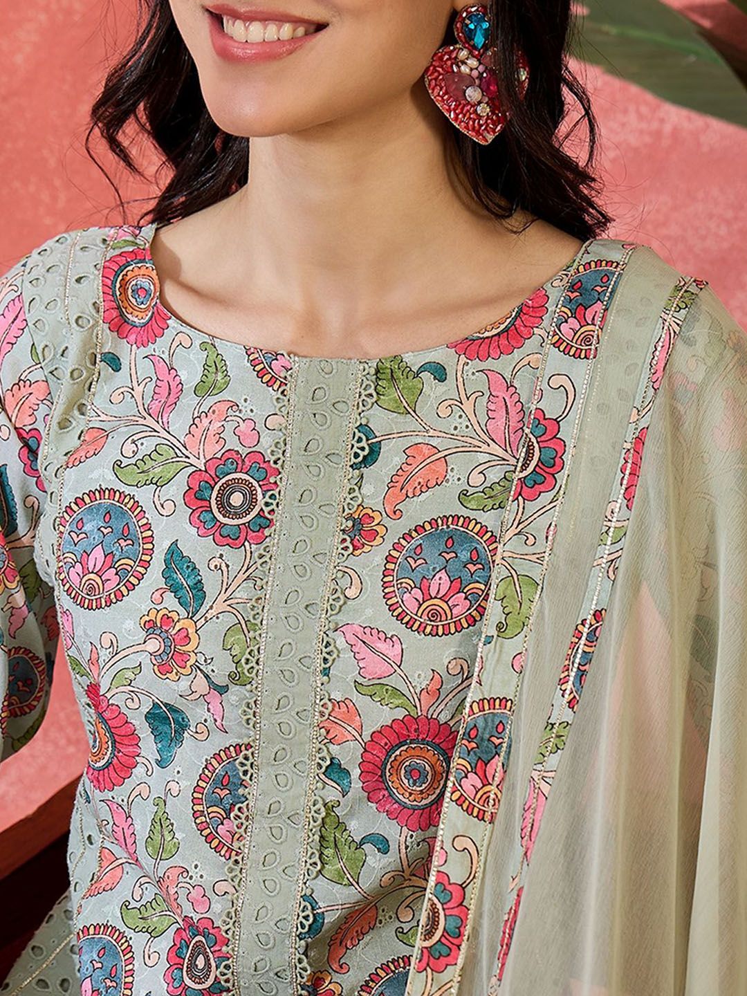 Dhiyona SN Women's Floral Printed schiffl Embroidered Straight Kurta With Trouser & Dupatta