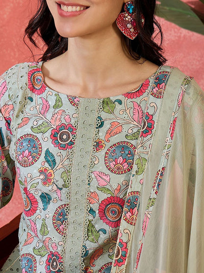 Dhiyona SN Women's Floral Printed schiffl Embroidered Straight Kurta With Trouser & Dupatta