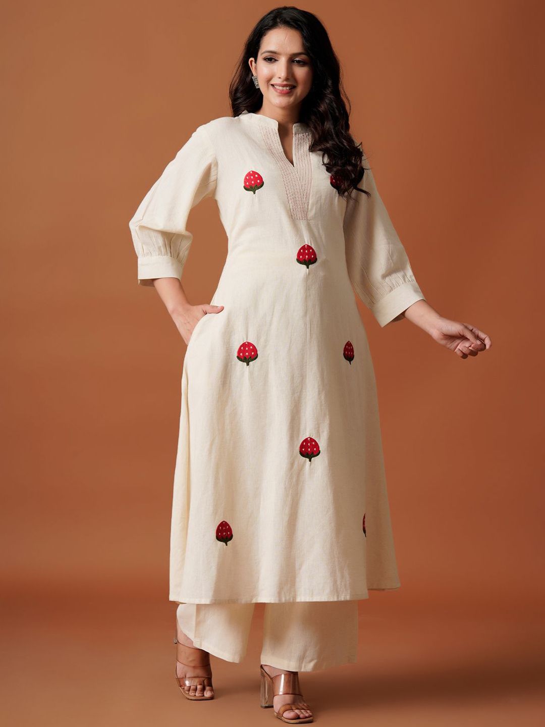 Dhiyona IE Embroidered Mandarin Collar Pure Cotton A-Line Top With Trousers