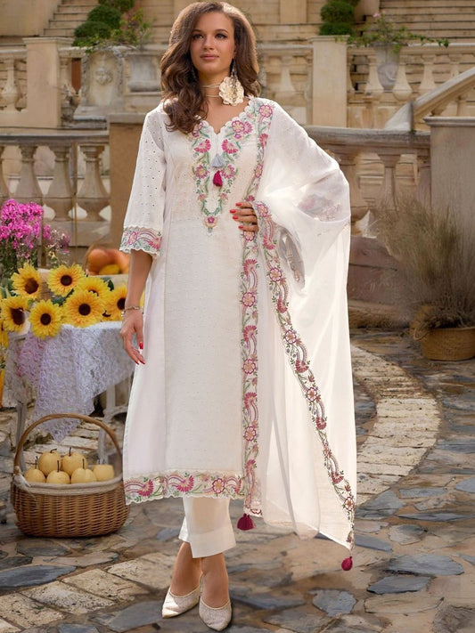 Women Floral Embroidered Regular Thread Work Pure Cotton Kurta with Trousers & With Dupatta