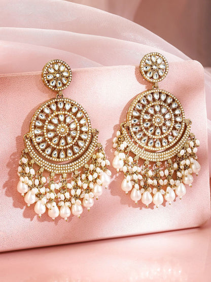 Dhiyona RJ Women's 18K Gold Plated Kundan Studed White Pearl Beaded Handcrafted Long Chandbali Earring