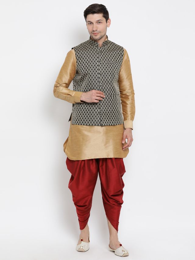 Men's Gold Silk Blend Straight Jacket  Kurta and Dhoti Set