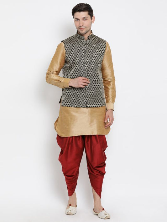 Men's Gold Silk Blend Straight Jacket  Kurta and Dhoti Set