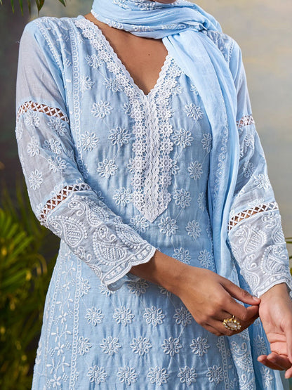 Ethnic Motifs Embroidered Pure Cotton V Neck Kurta With Trousers & Dupatta