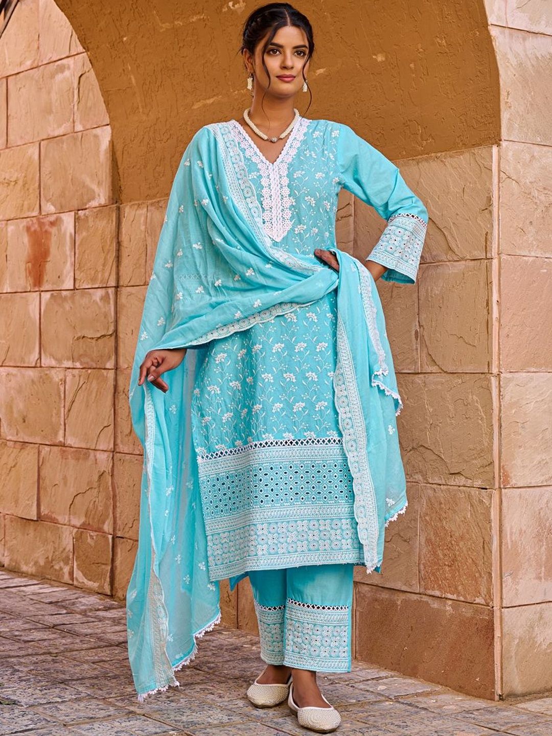 Women Ethnic Motifs Embroidered Regular Chikankari Pure Cotton Kurta with Trousers & With Dupatta