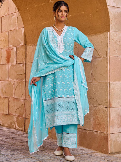 Women Ethnic Motifs Embroidered Regular Chikankari Pure Cotton Kurta with Trousers & With Dupatta