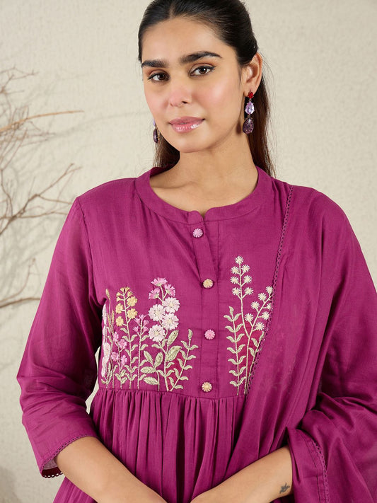 Floral Embroidered Thread Work Pure Cotton Kurta With Trousers & Dupatta