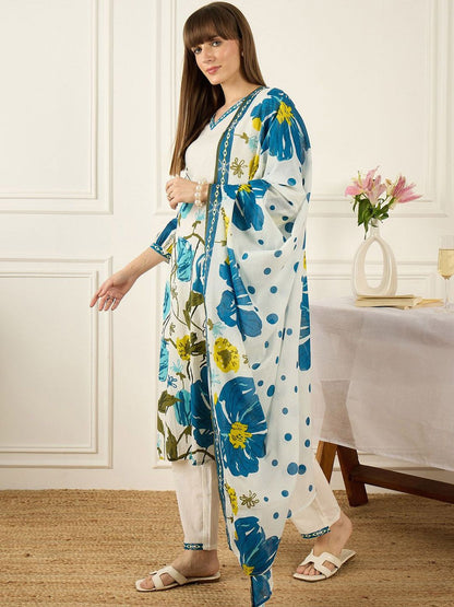 Women Floral Printed Regular Pure Cotton Kurta with Trousers & With Dupatta