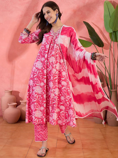 Dhiyona SN Women's Pink Floral Printed Pure Cotton A-Line Kurta With Trouser And Dupatta
