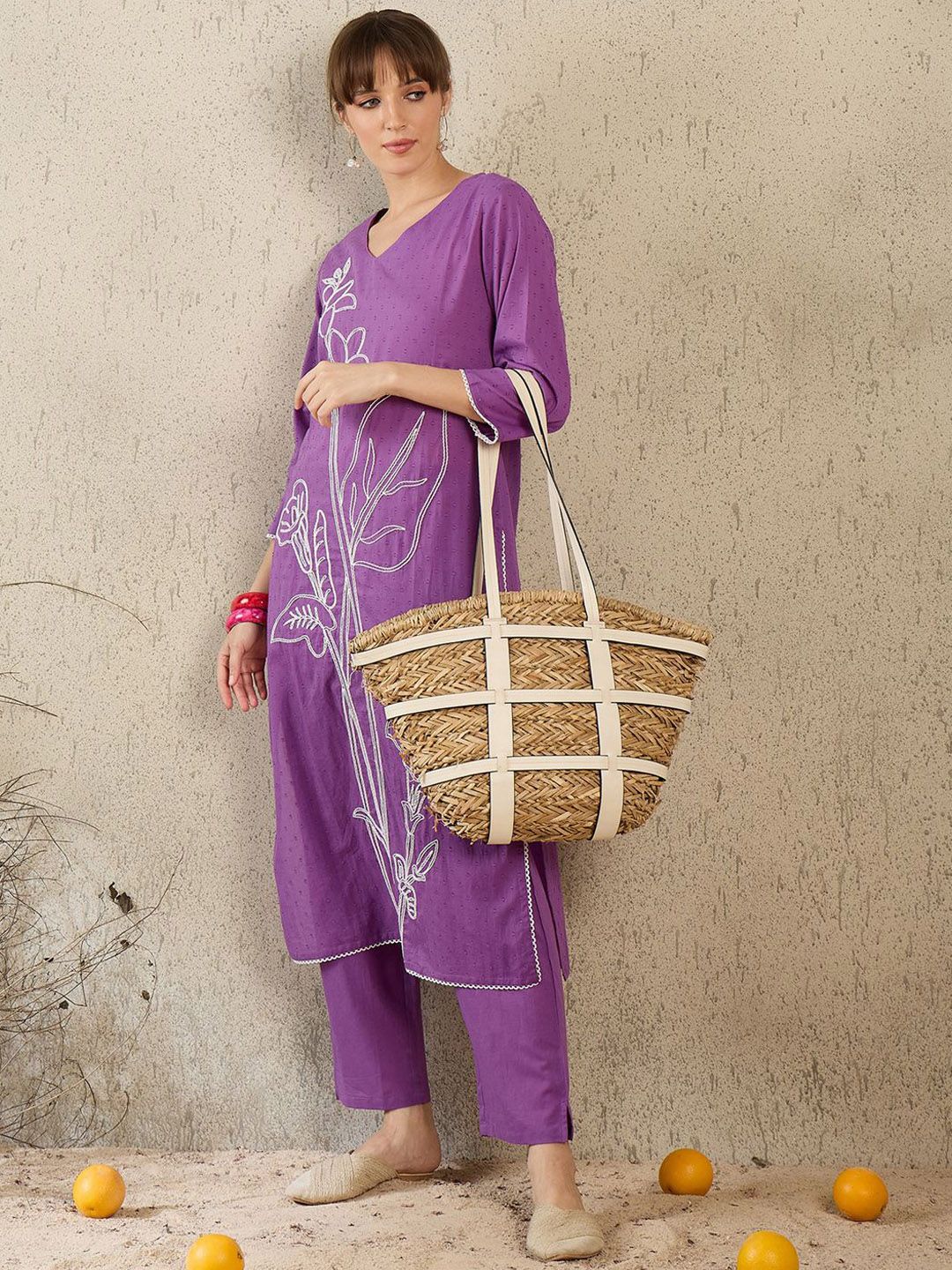 Floral Embroidered V-Neck Straight Thread Work Pure Cotton Kurta With Trouser
