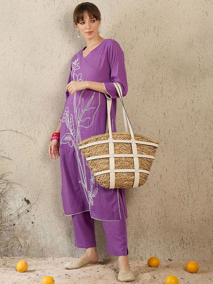 Floral Embroidered V-Neck Straight Thread Work Pure Cotton Kurta With Trouser