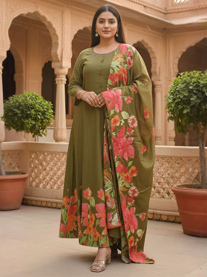 Floral Printed Empire Pure Cotton Kurta With Trousers & Dupatta
