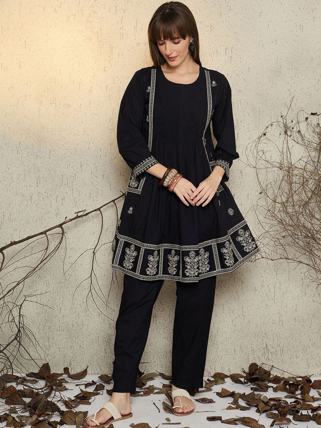 Dhiyona IE Women Embroidered Round Neck Cotton Top and Trousers Co-Ords