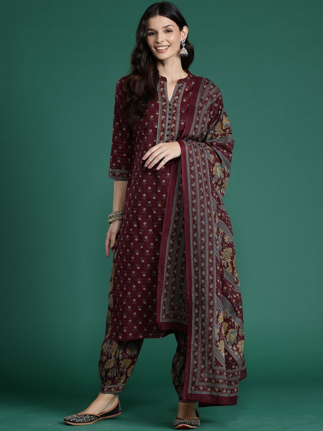 Ethnic Motifs Printed Straight Pure Cotton Kurta With Patiala & Dupatta