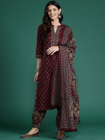 Ethnic Motifs Printed Straight Pure Cotton Kurta With Patiala & Dupatta