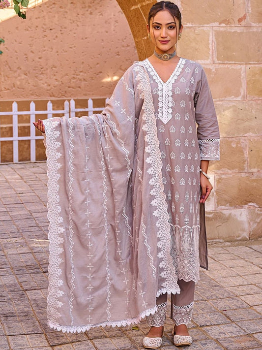 Women Ethnic Motifs Embroidered Cotton Kurta with Trousers & Dupatta