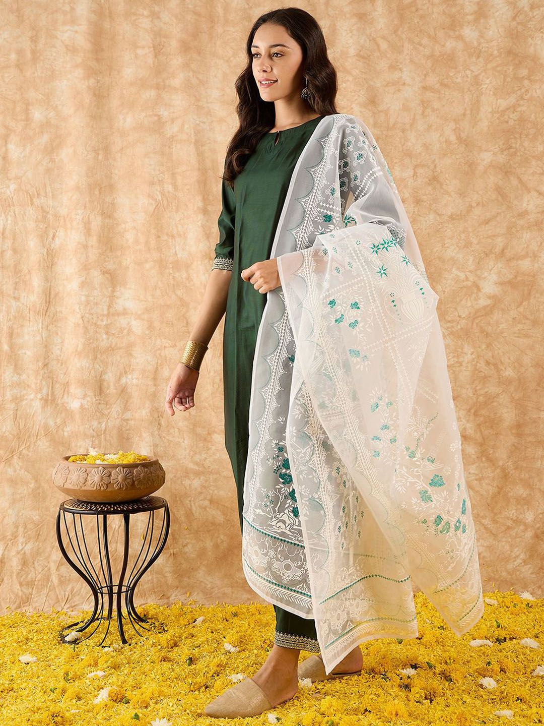 Straight Sequinned Liva Kurta with Palazzos & Dupatta