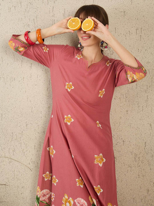 Dhiyona IE Women Printed Round Neck Cotton Top and Trousers Co-Ords