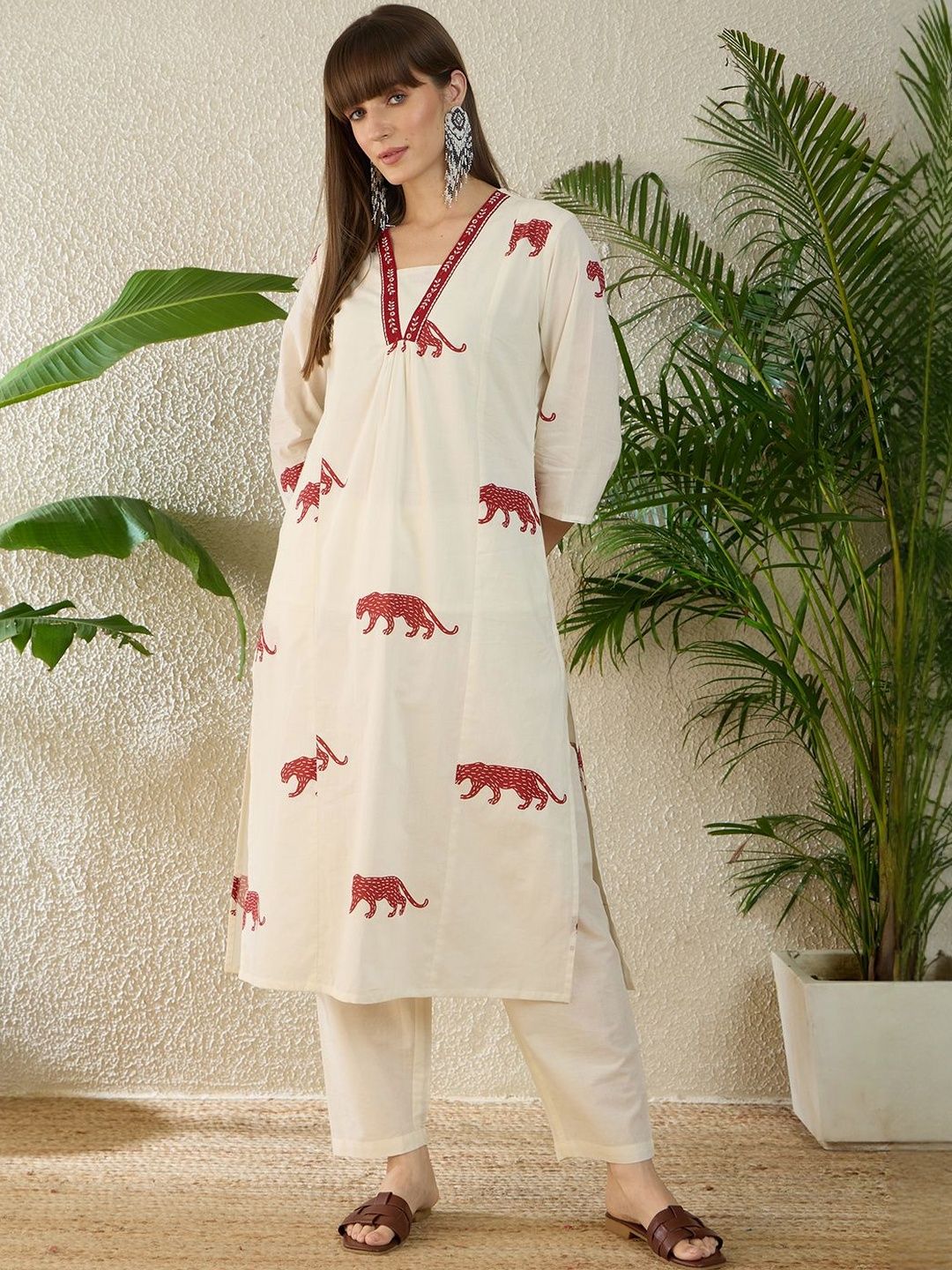 Animal Printed Pure Cotton A Line Kurta With Trousers