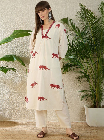 Animal Printed Pure Cotton A Line Kurta With Trousers