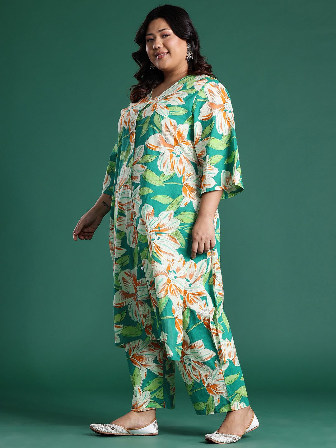 Floral Printed Round Neck Regular Pure Cotton Kurta with Trousers