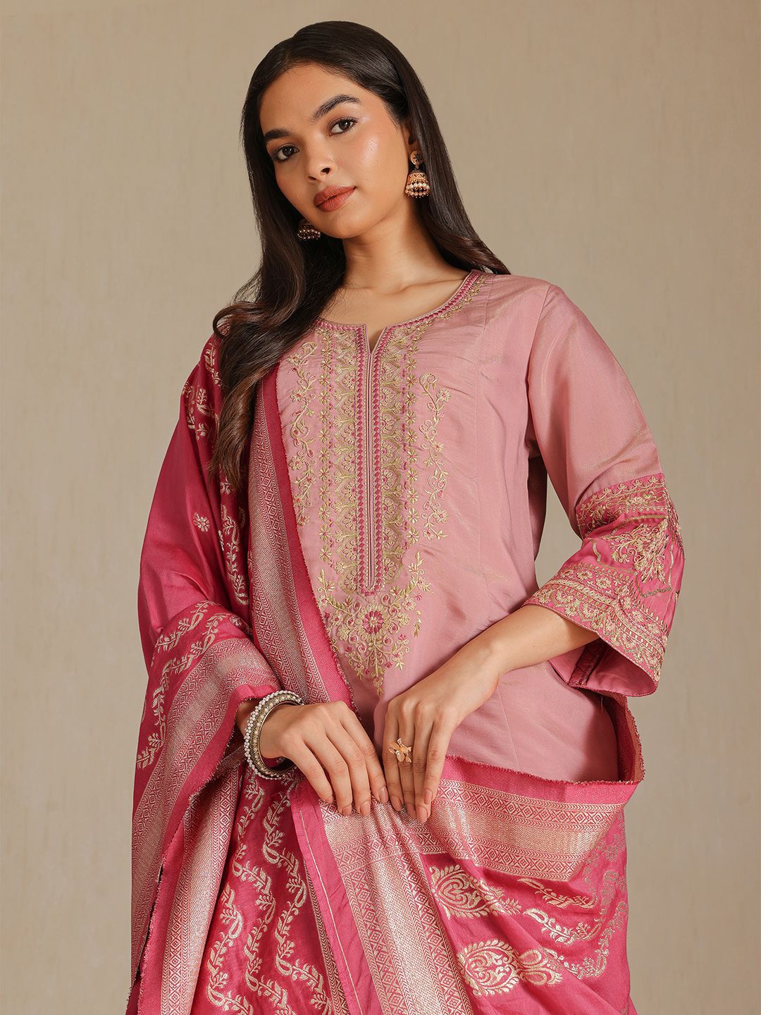 Dhiyona SO Women's Floral Yoke Design Notch Neck Muslin Zari Straight Kurta With Trousers & Dupatta